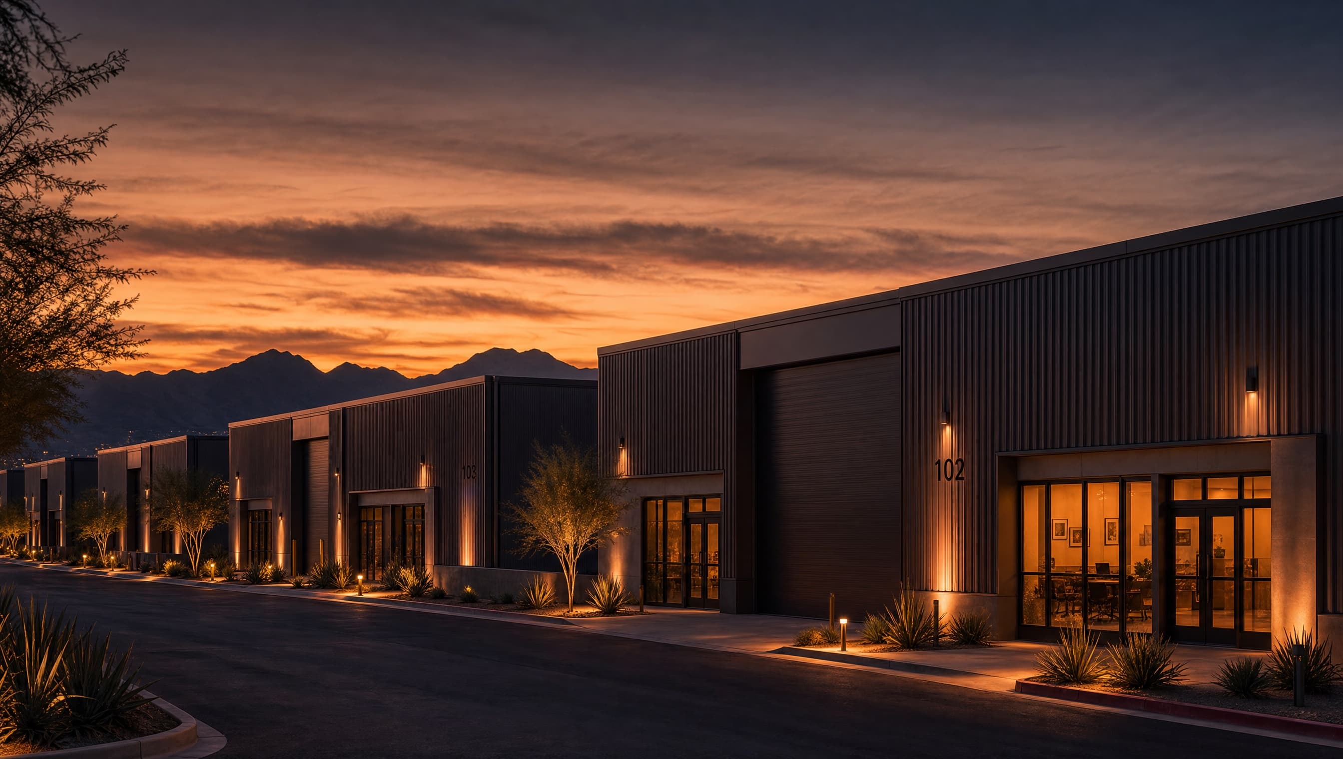 Dusk rendering of the four modern flex-industrial buildings at Estrella Gin Business Park